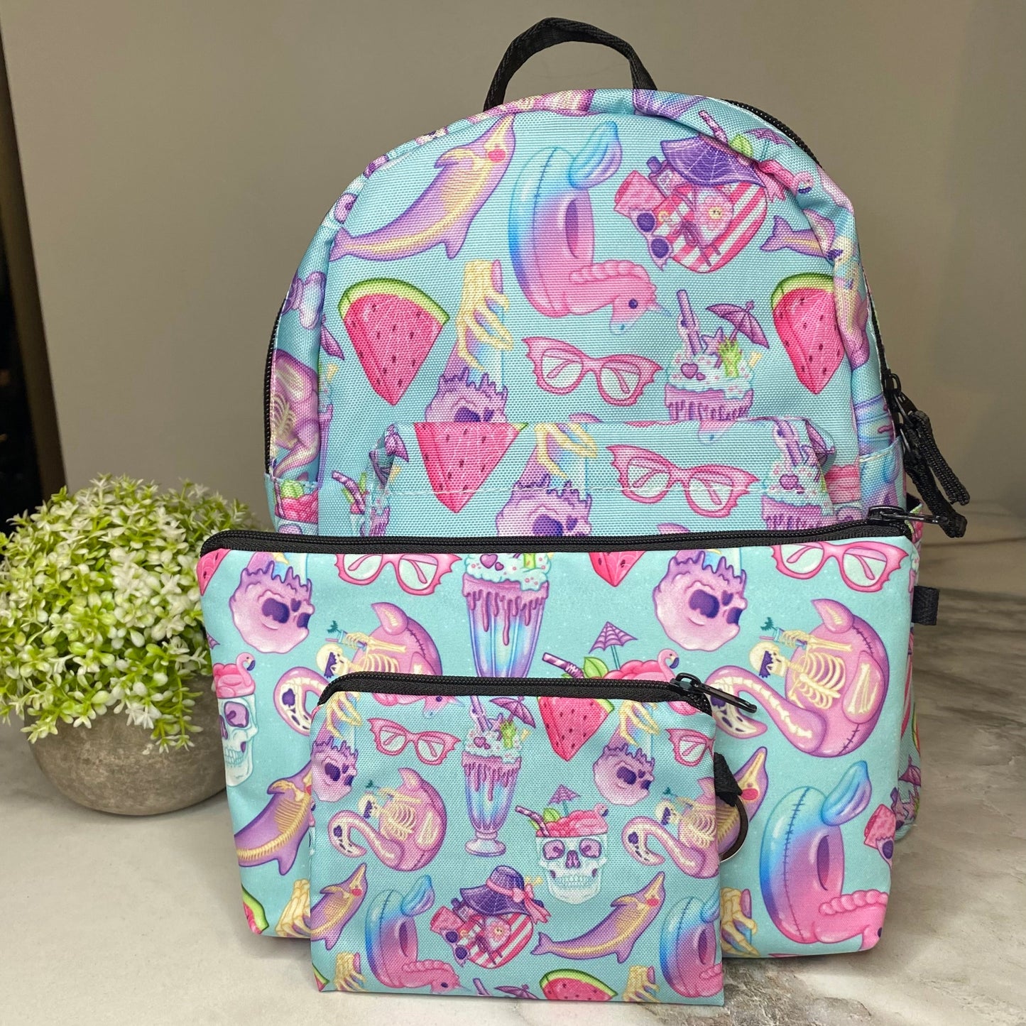 Mini Backpack, Pouch, & Mini Pouch Bundled Set - Skeleton Summer