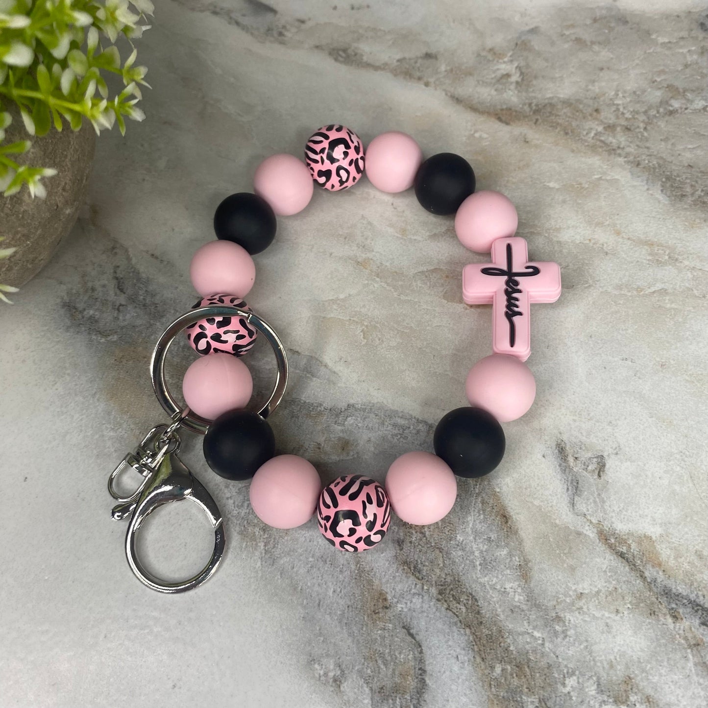 Silicone & Wood Bracelet Keychain - Religious, Jesus, Light Pink