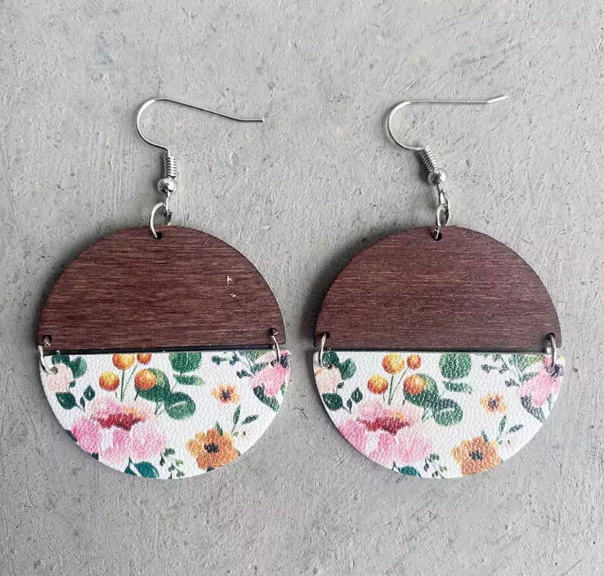 Faux Leather Earrings - Half Wood Ivory Floral