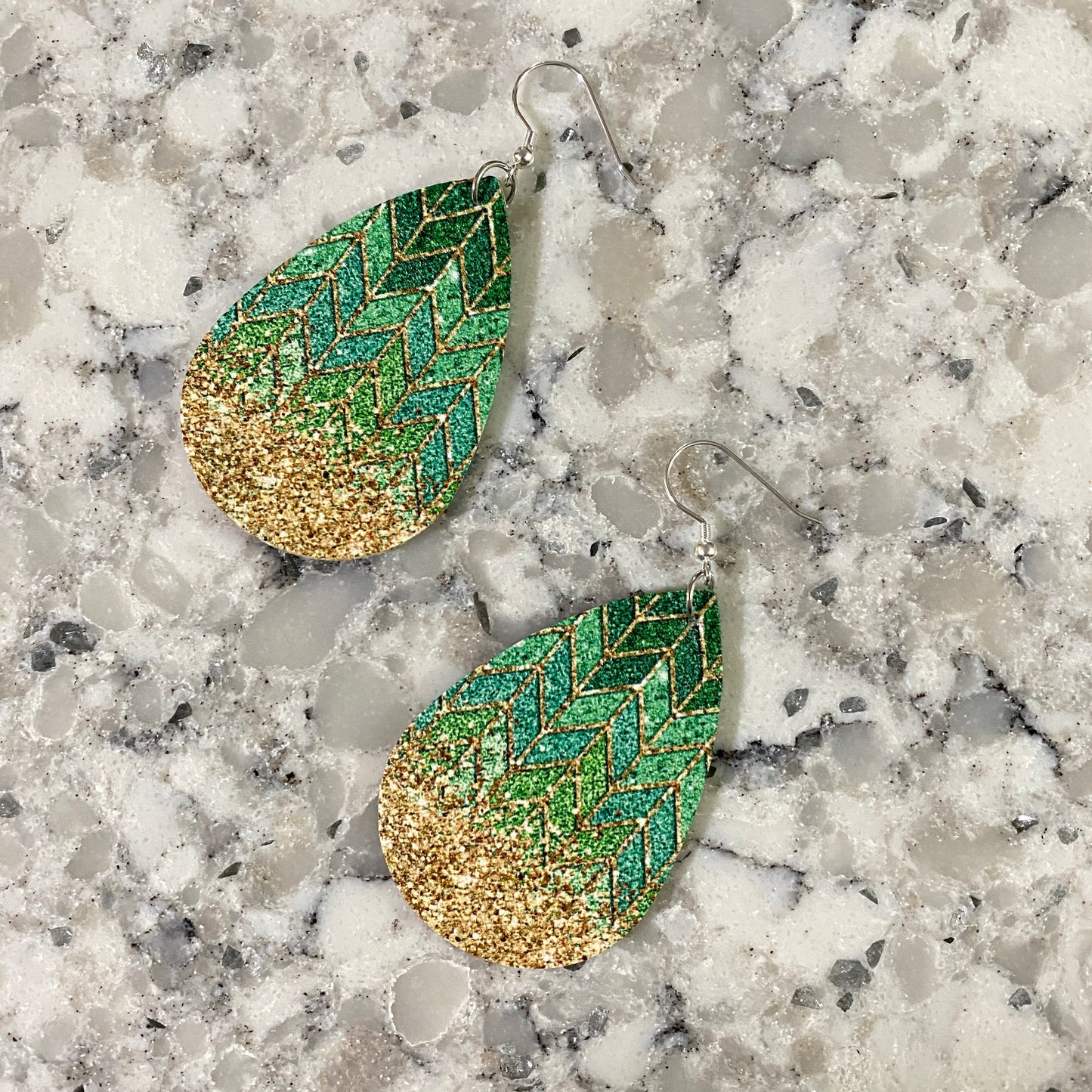 Faux Leather Earrings - Green & Gold Chevron Teardrops