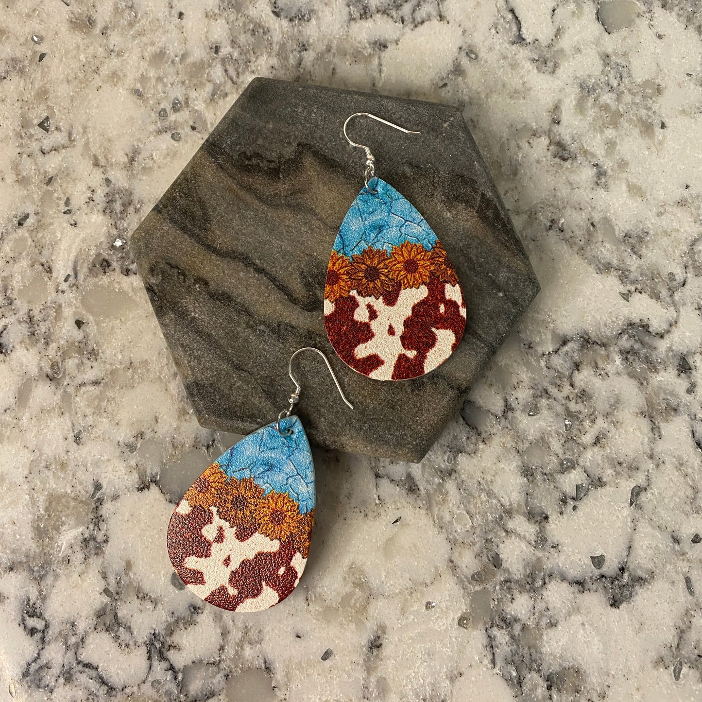 Faux Leather Earrings - Blue Stone Sunflower Cow Teardrops