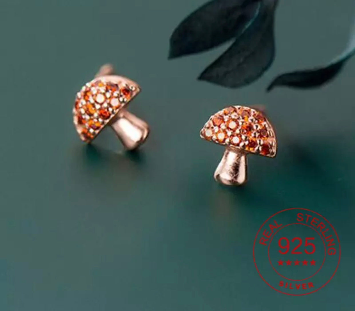 Metal Stud Earrings - Rose Gold Gem Mushroom - Sterling Silver