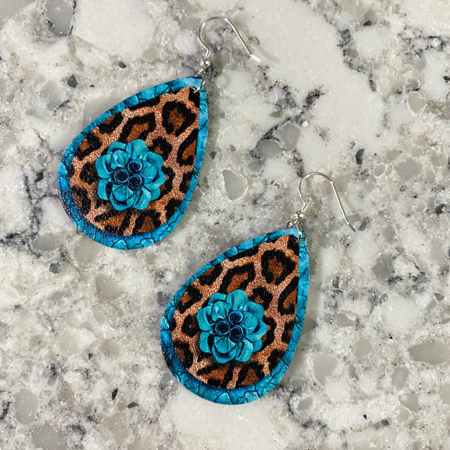 Faux Leather Earrings - Turquoise Floral & Leopard Teardrops