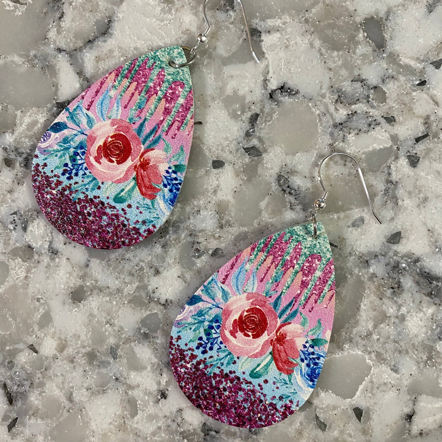 Faux Leather Earrings - Mint & Blue Floral Drip Teardrops