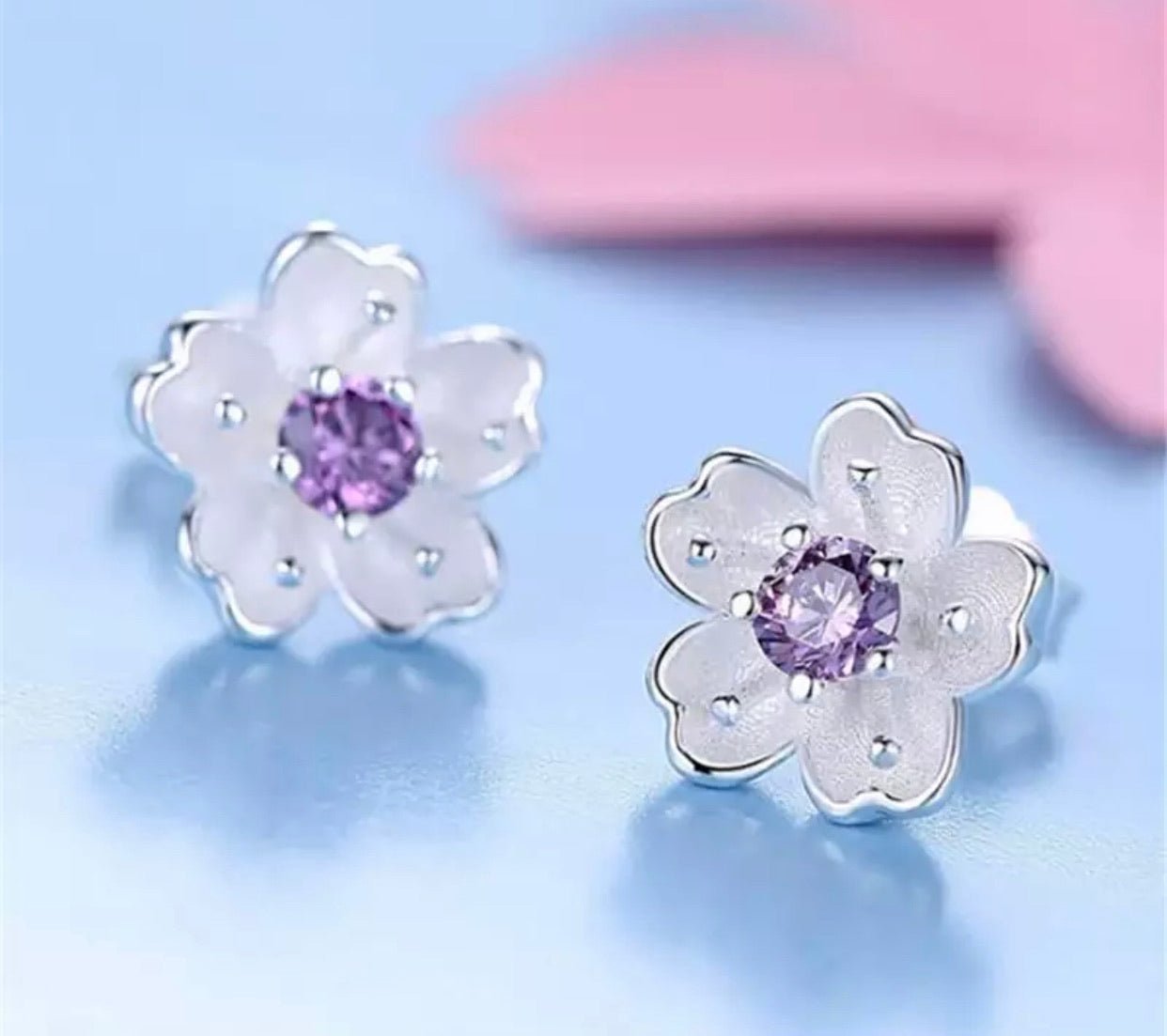 Metal Stud Earrings - Floral with Purple Gem
