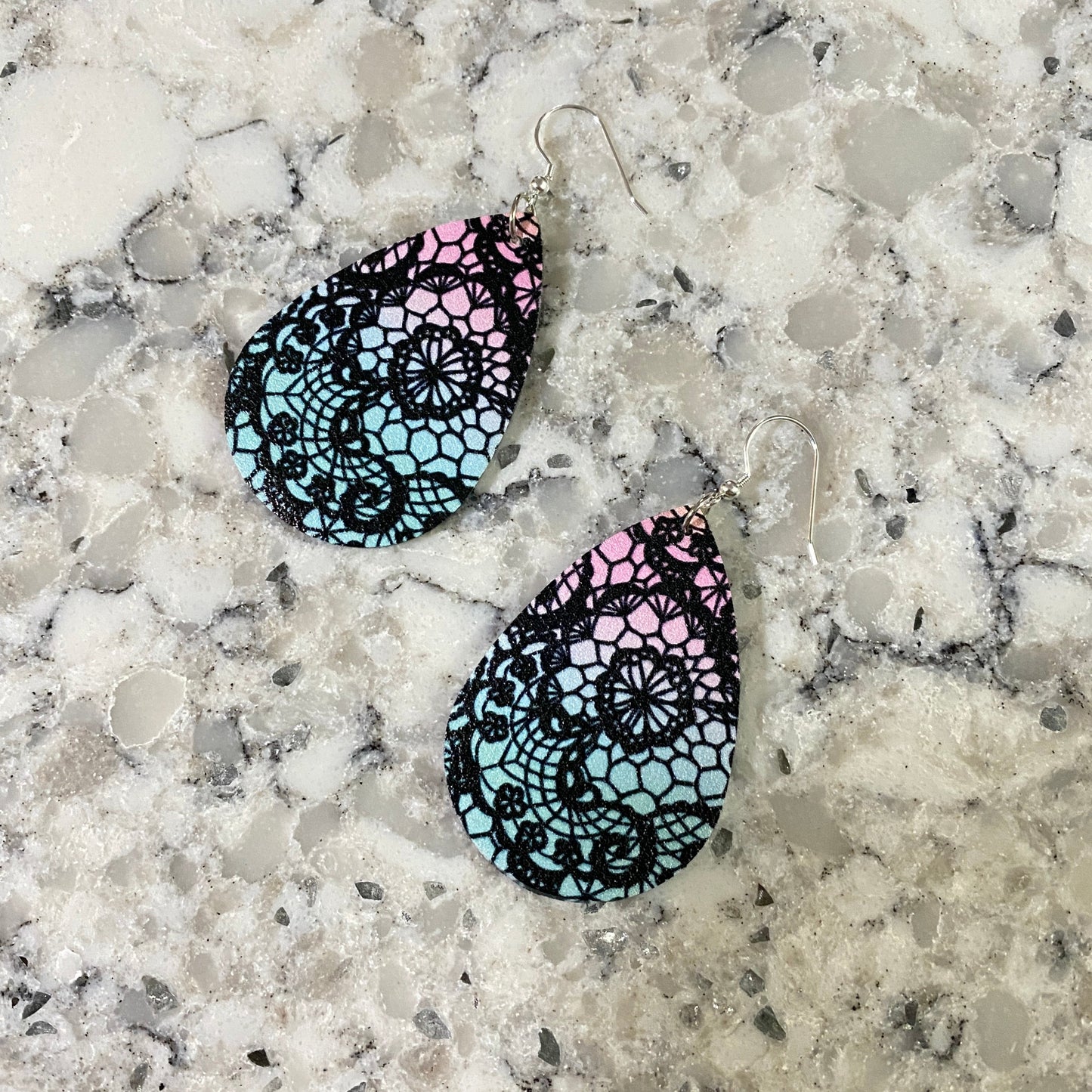 Faux Leather Earrings - Rainbow Ombré Lace Teardrops