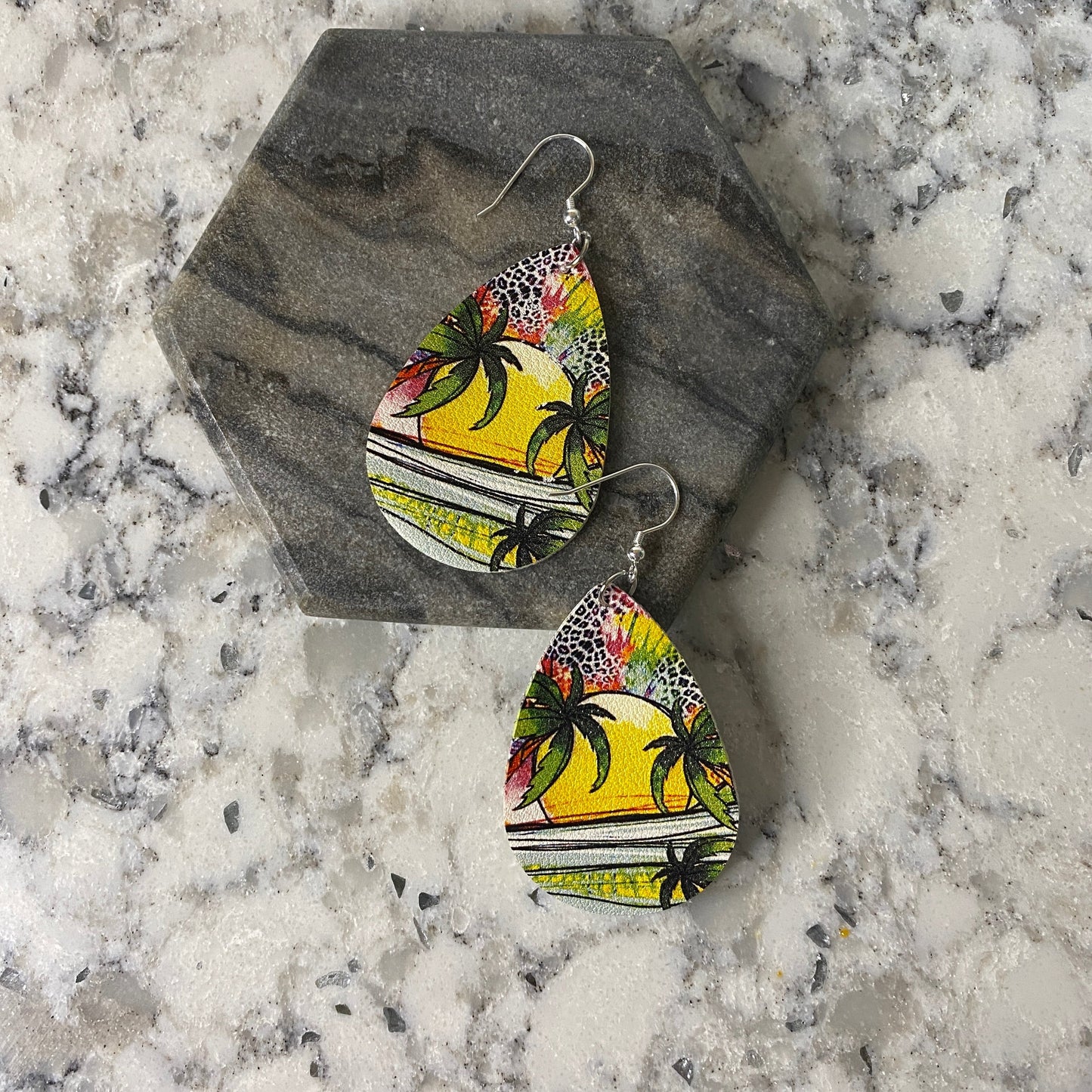 Faux Leather Earrings - Tropical Sunset Teardrops