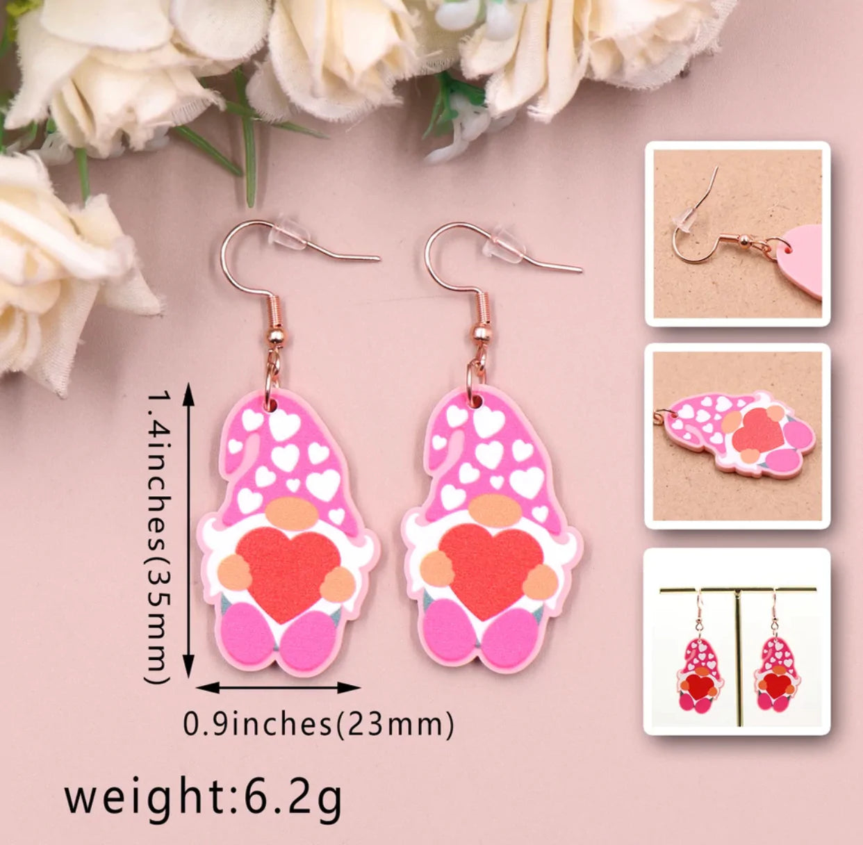 Acrylic Dangle Earrings - Heart Gnome