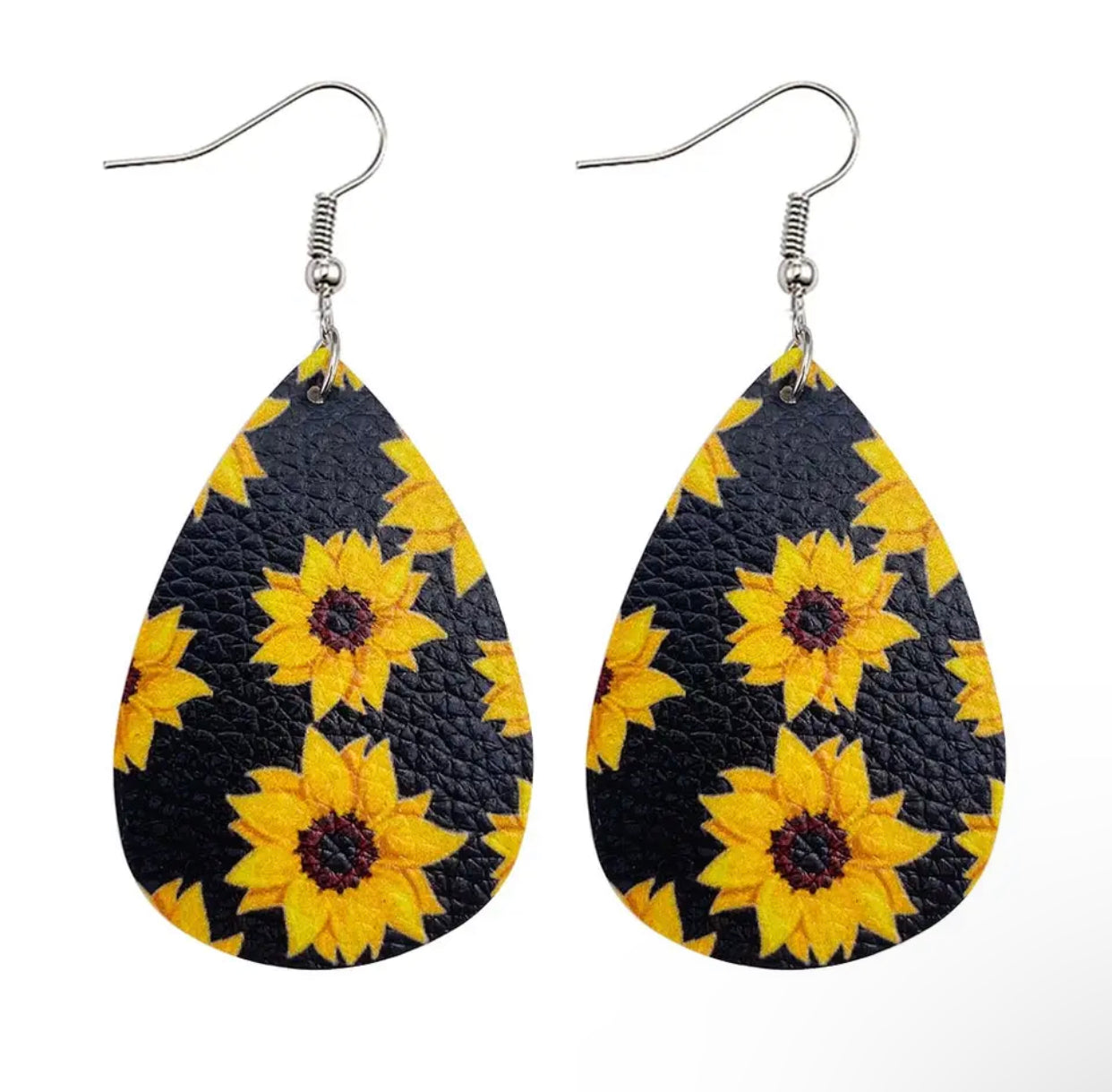Faux Leather Earrings - Sunflower on Black Teardrops
