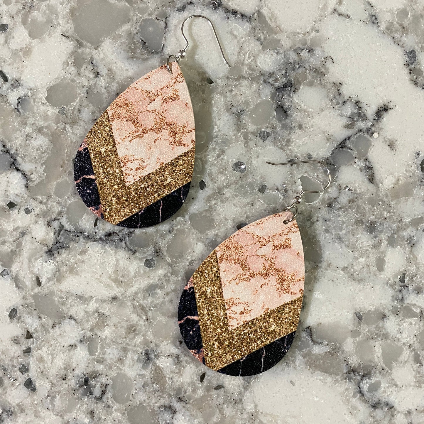 Faux Leather Earrings - Pink & Gold Glitter Chevron Teardrops