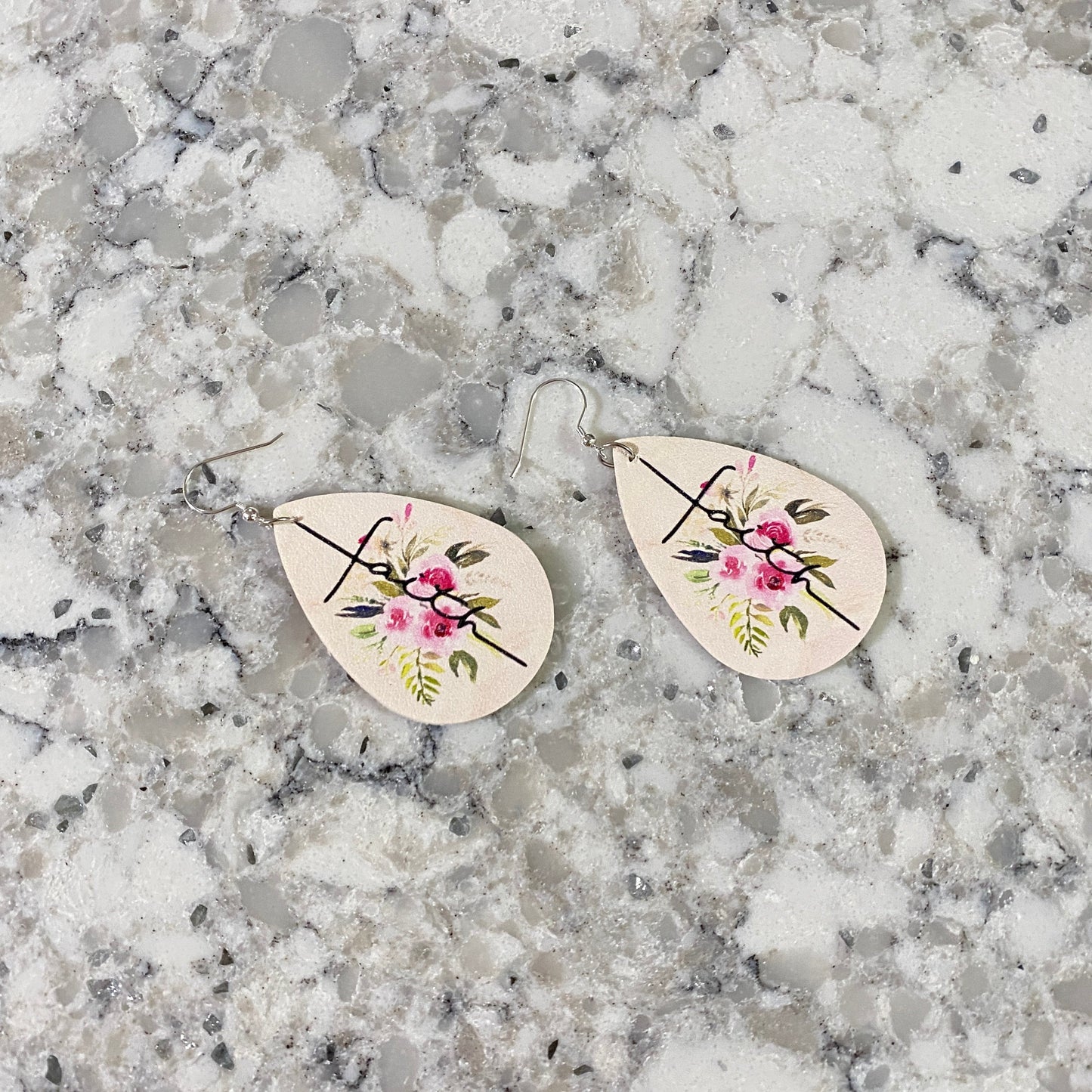Faux Leather Earrings - Faith Floral Teardrops