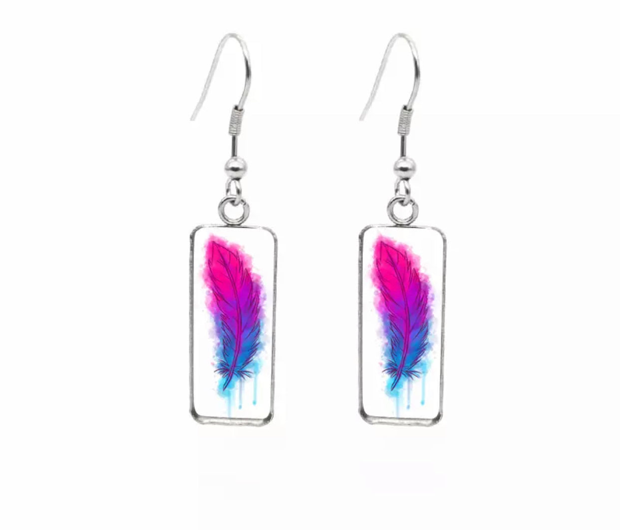 Glass Dome Hook Earrings - Pink & Blue Feather