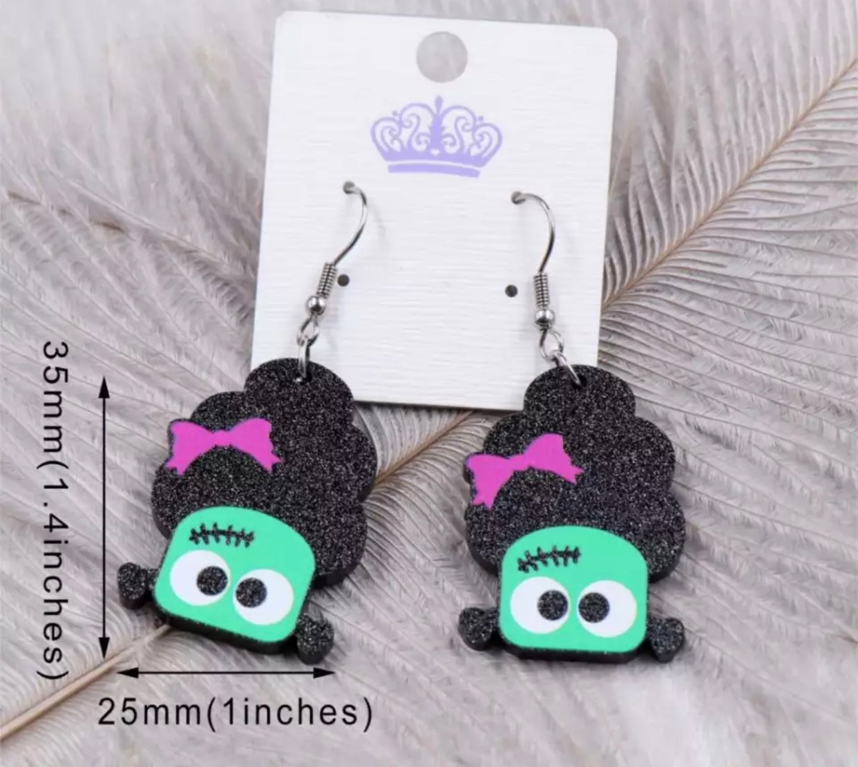 Acrylic Hook Dangle Earrings - Monster with Bow - Halloween