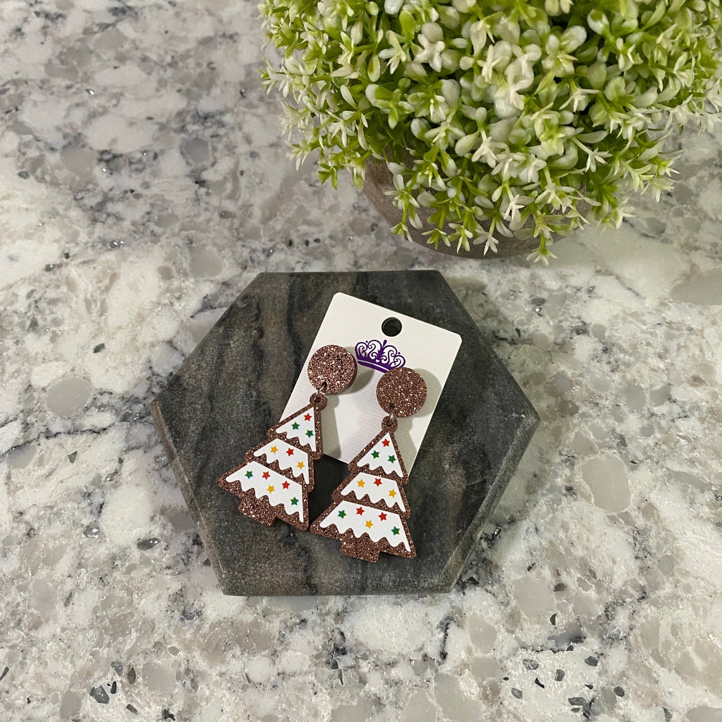 Acrylic Stud Dangle Earrings - Brown White Trees