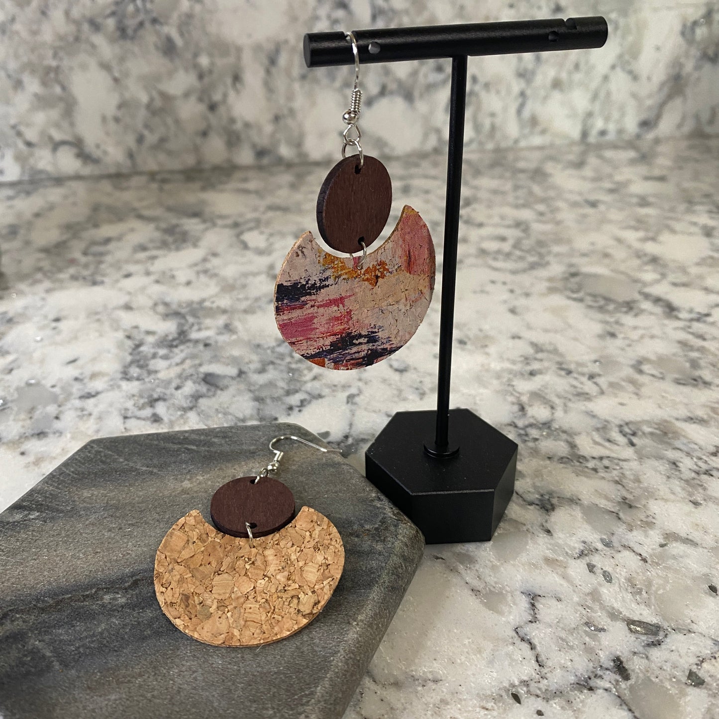 Faux Leather Earrings - Pink & Navy Cork Wood Cutout