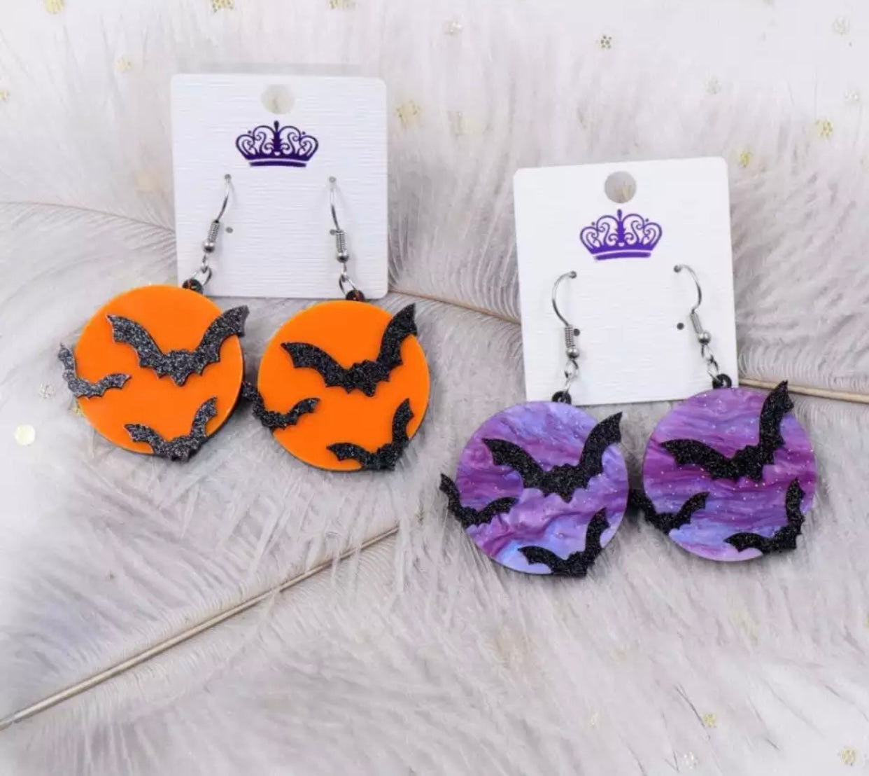 Acrylic Hook Dangle Earrings - Bat Round - Halloween