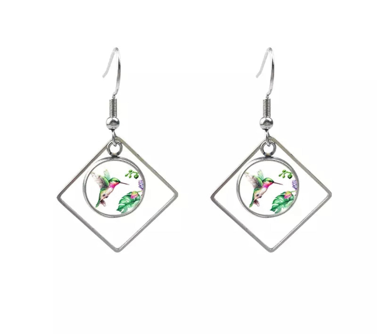 Glass Dome Hook Earrings - Hummingbird Round with Diamond