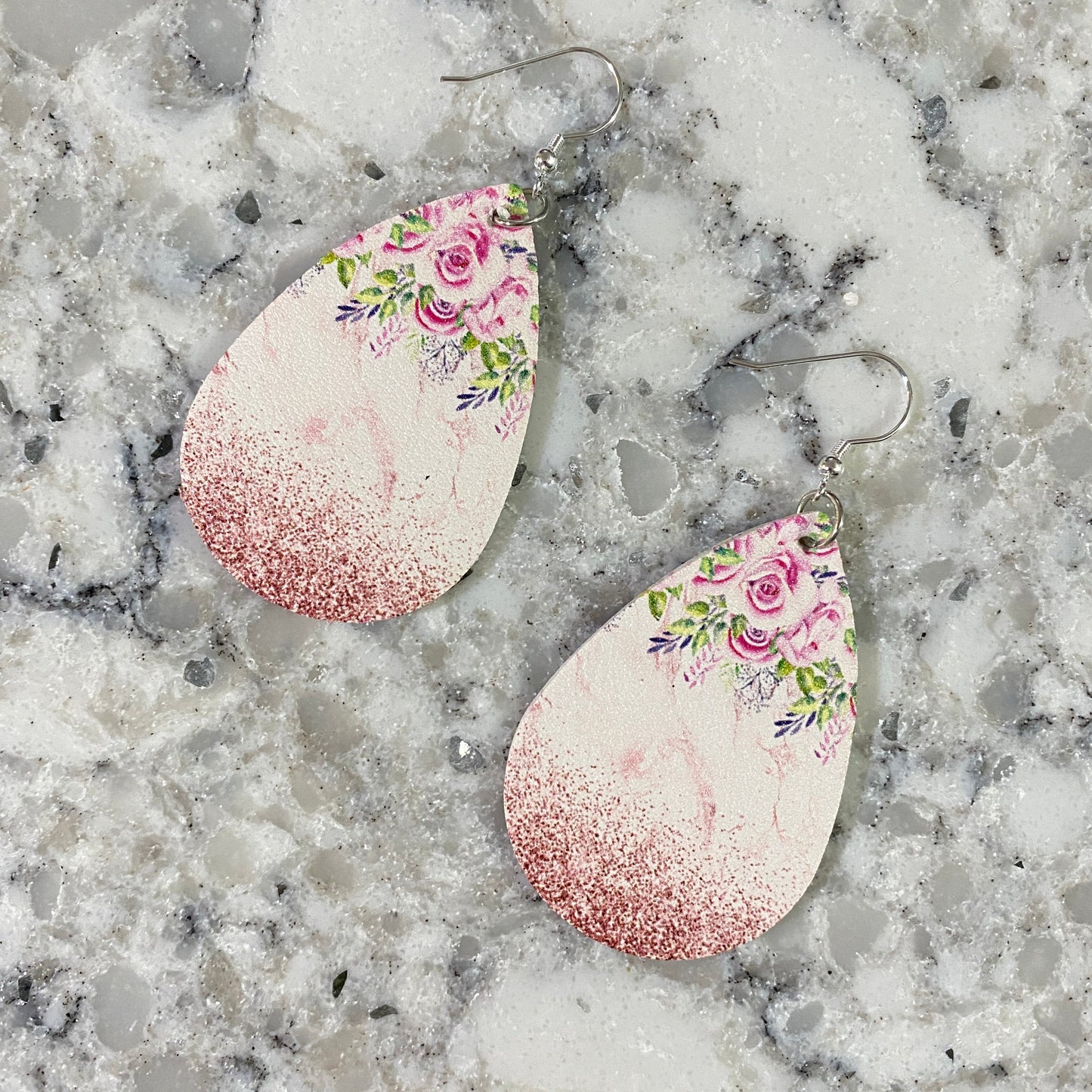 Faux Leather Earrings - Floral & Baby Pink Sparkle Teardrops