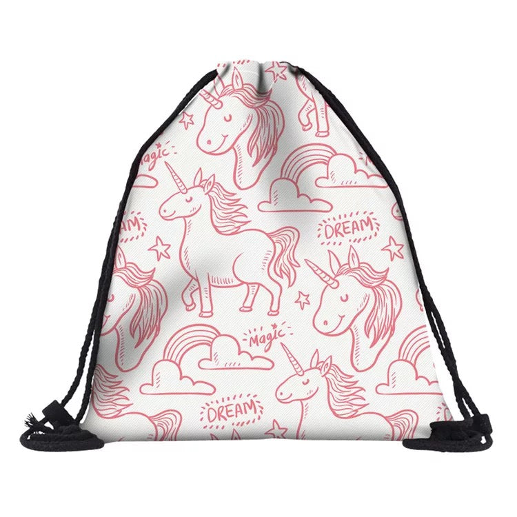 Drawstring Bag - White Pink Outline Unicorn