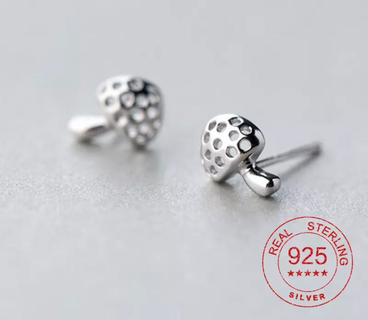 Metal Stud Earrings - Mushroom - Sterling Silver