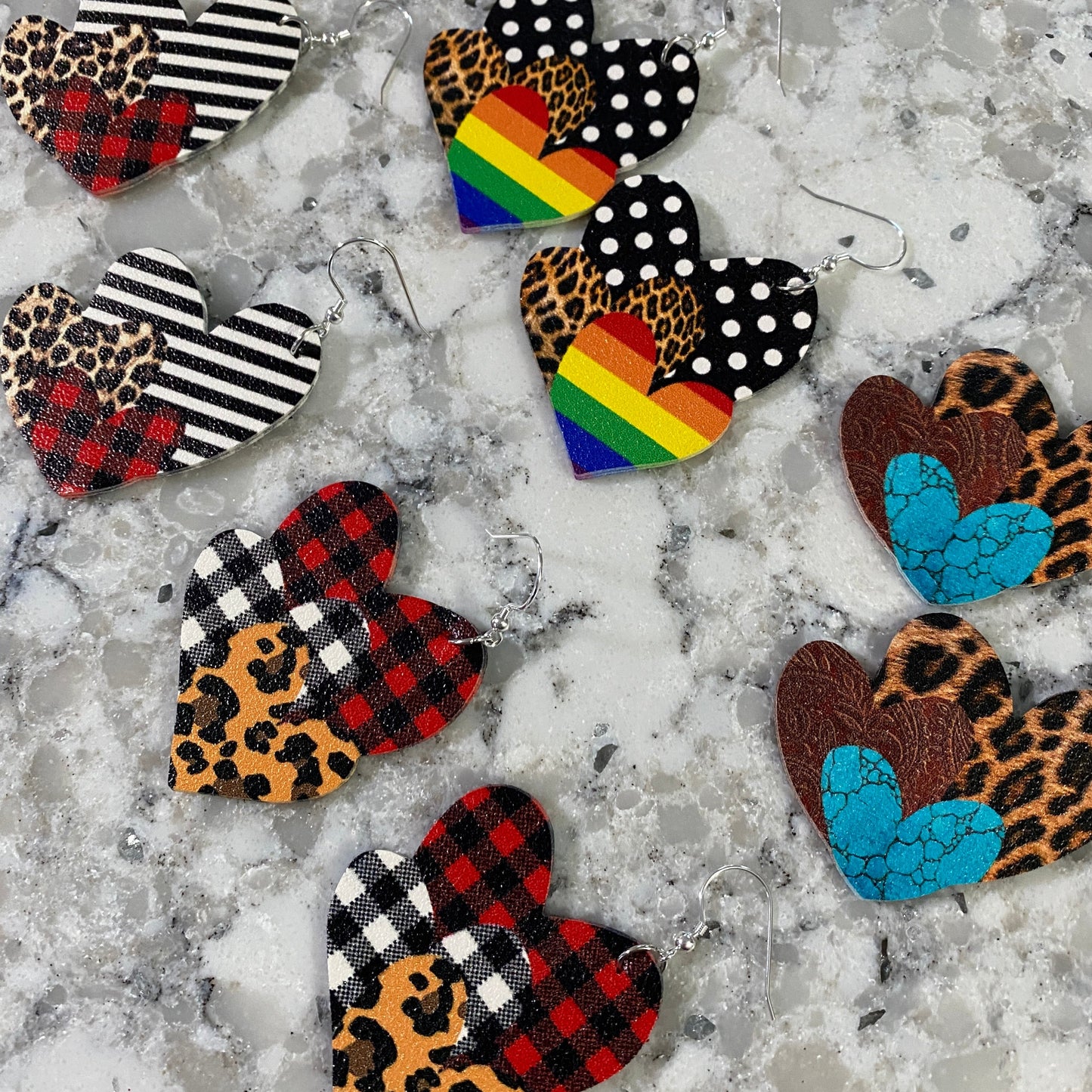 Faux Leather Earrings - Triple Heart Shape