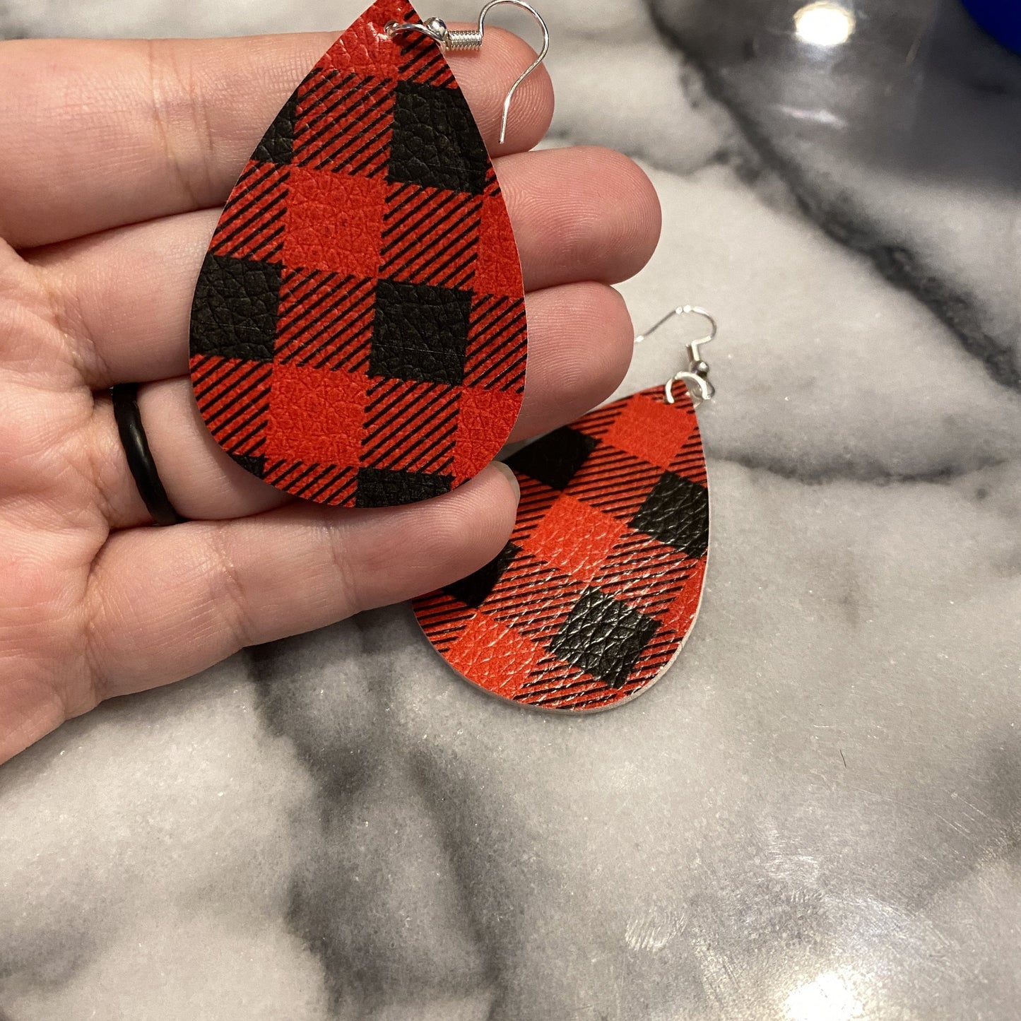 Faux Leather Earrings - Buffalo Plaid Teardrops