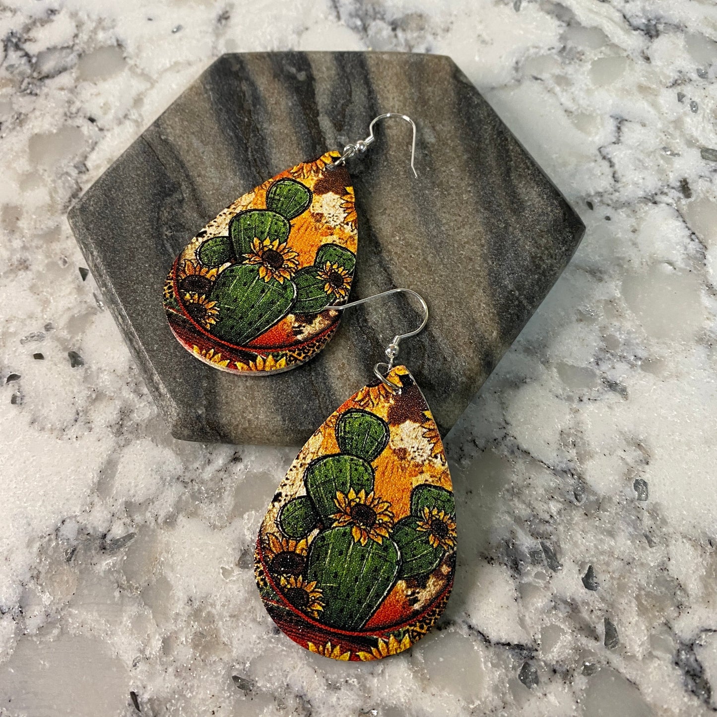 Faux Leather Earrings - Cactus Floral Teardrops