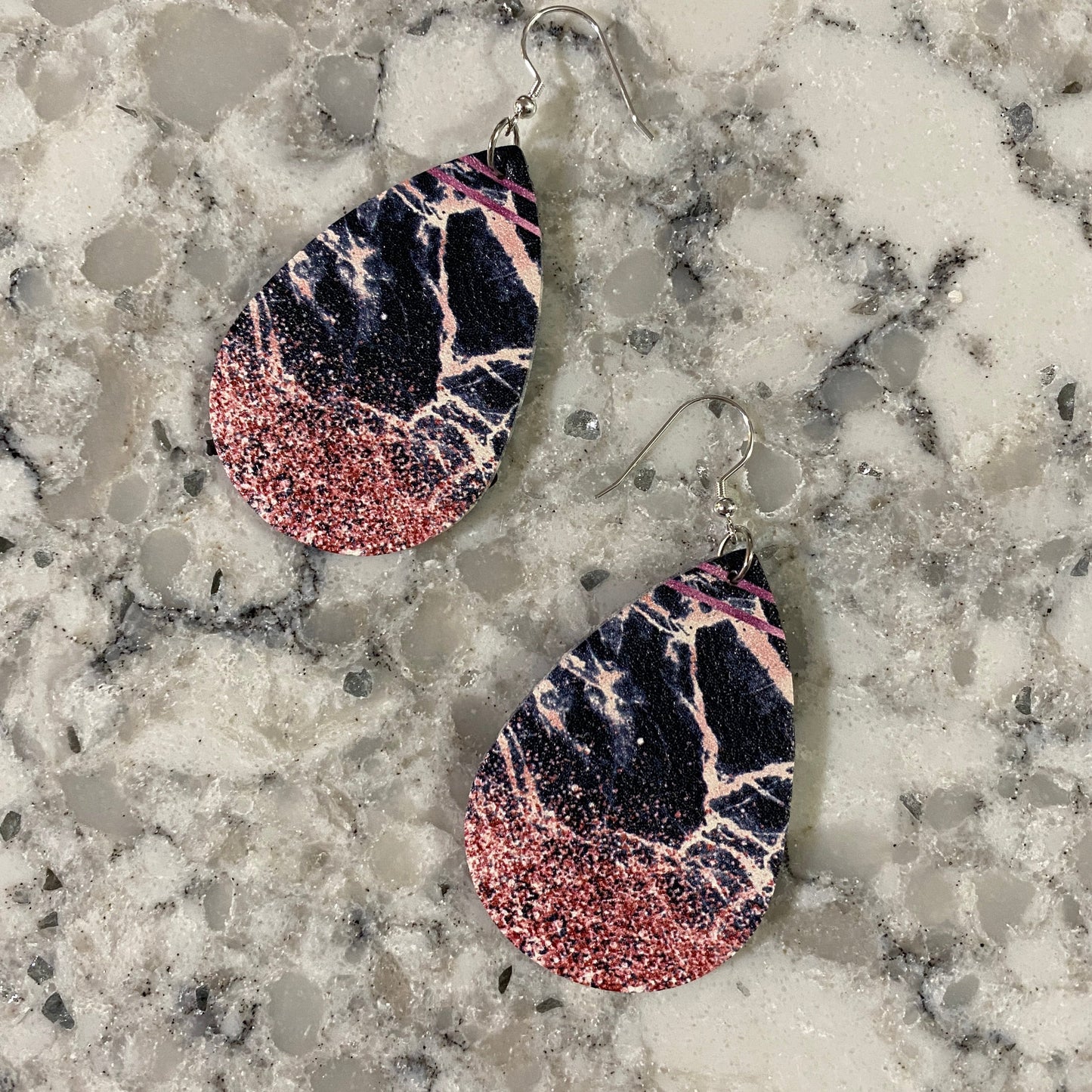 Faux Leather Earrings - Pink Sparkle Navy Marble Teardrops