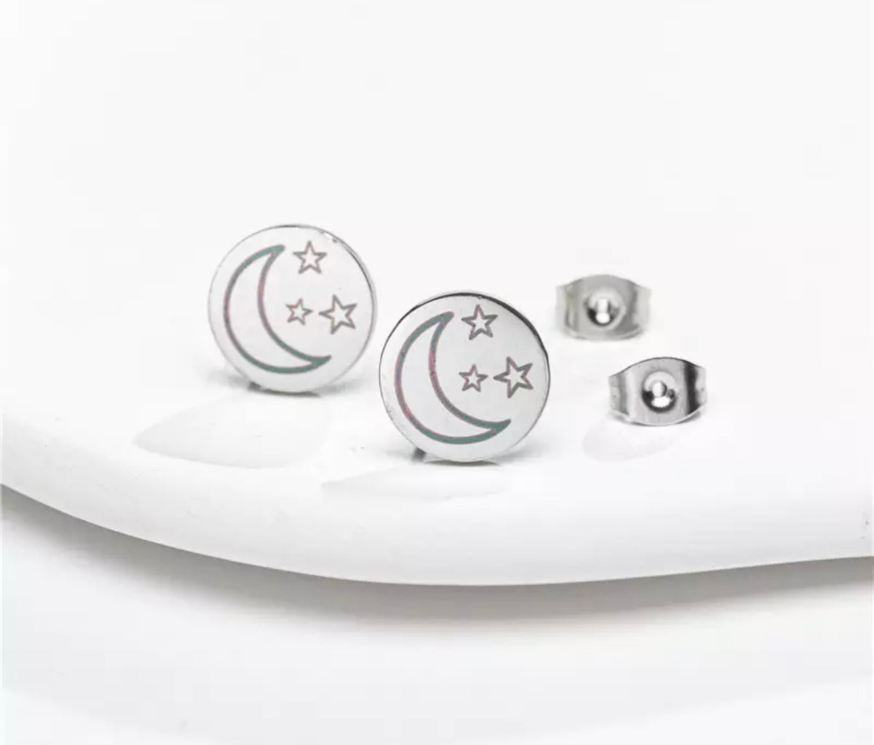 Metal Stud Earrings - Round Moon & Star