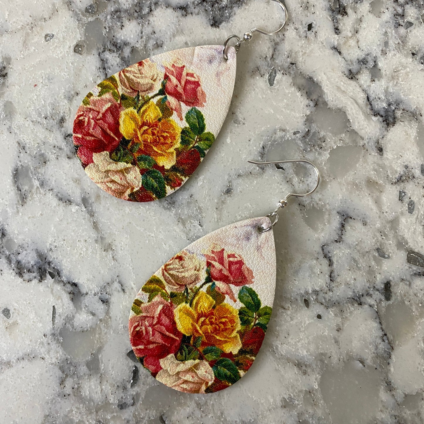 Faux Leather Earrings - Yellow Cream Red Rose Teardrop