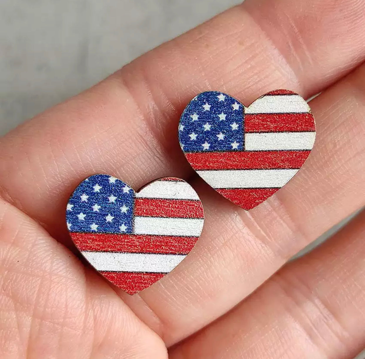 Wooden Stud Earrings - Heart Flag