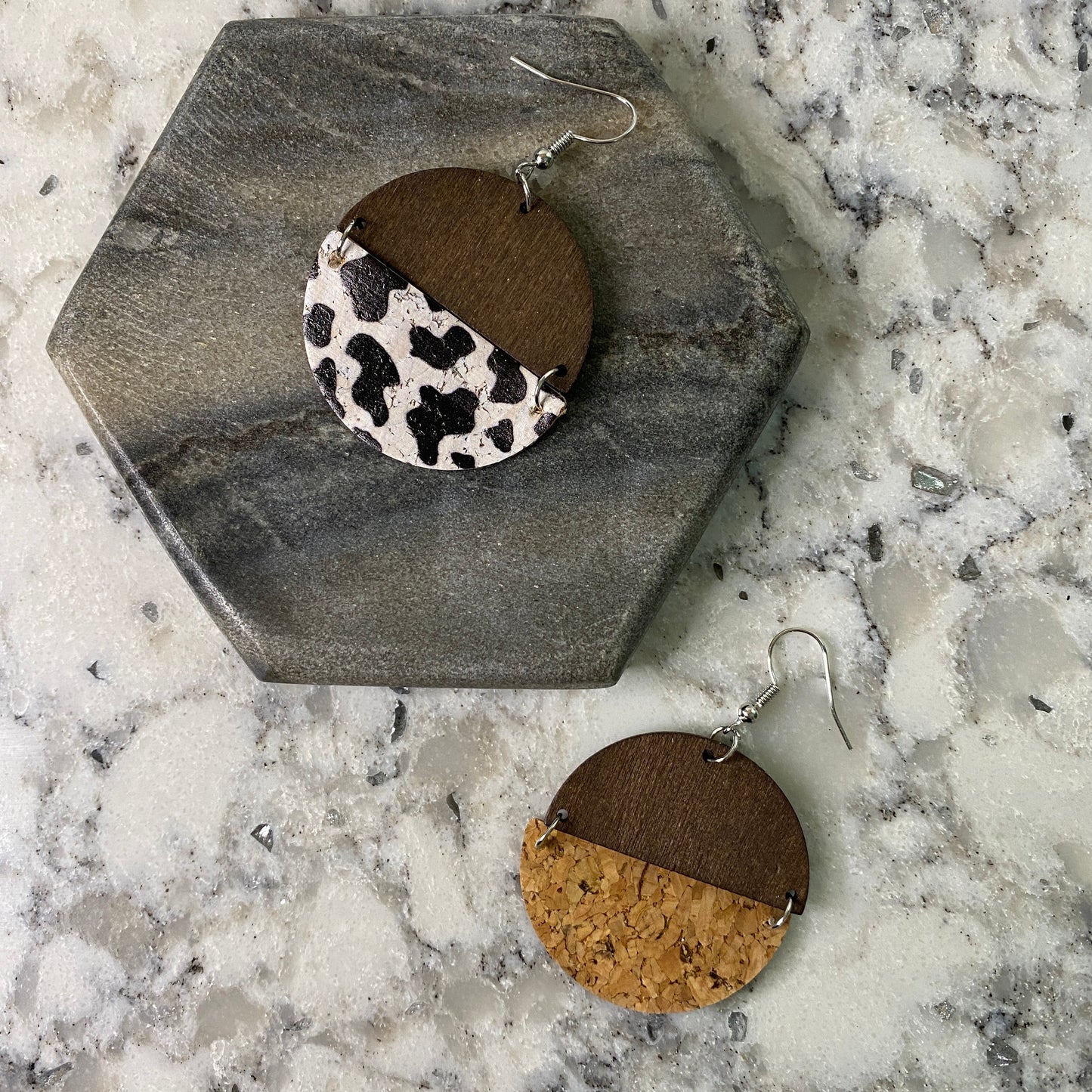 Faux Leather Earrings - Wood Cork Cow Print