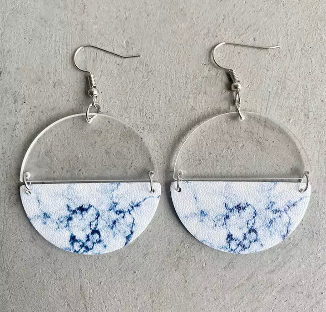 Faux Leather Earrings - Half Acrylic Blue Marble