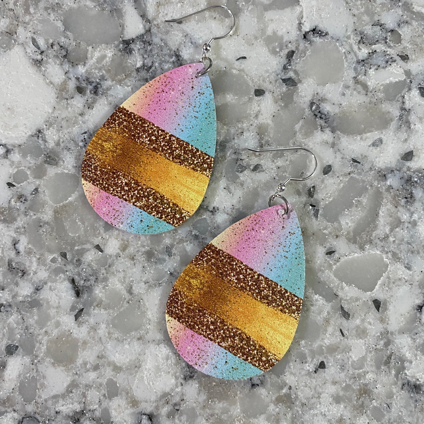 Faux Leather Earrings - Gold Sparkle Stripe Teardrops