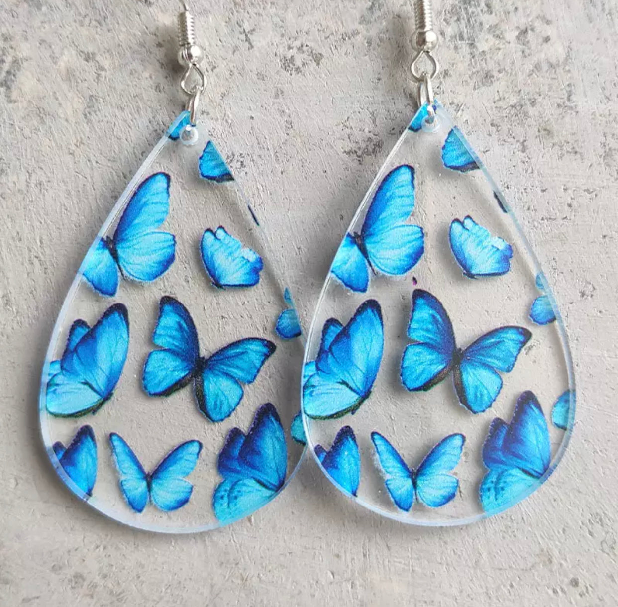 Acrylic Hook Dangle Earrings - Blue Butterfly Teardrops