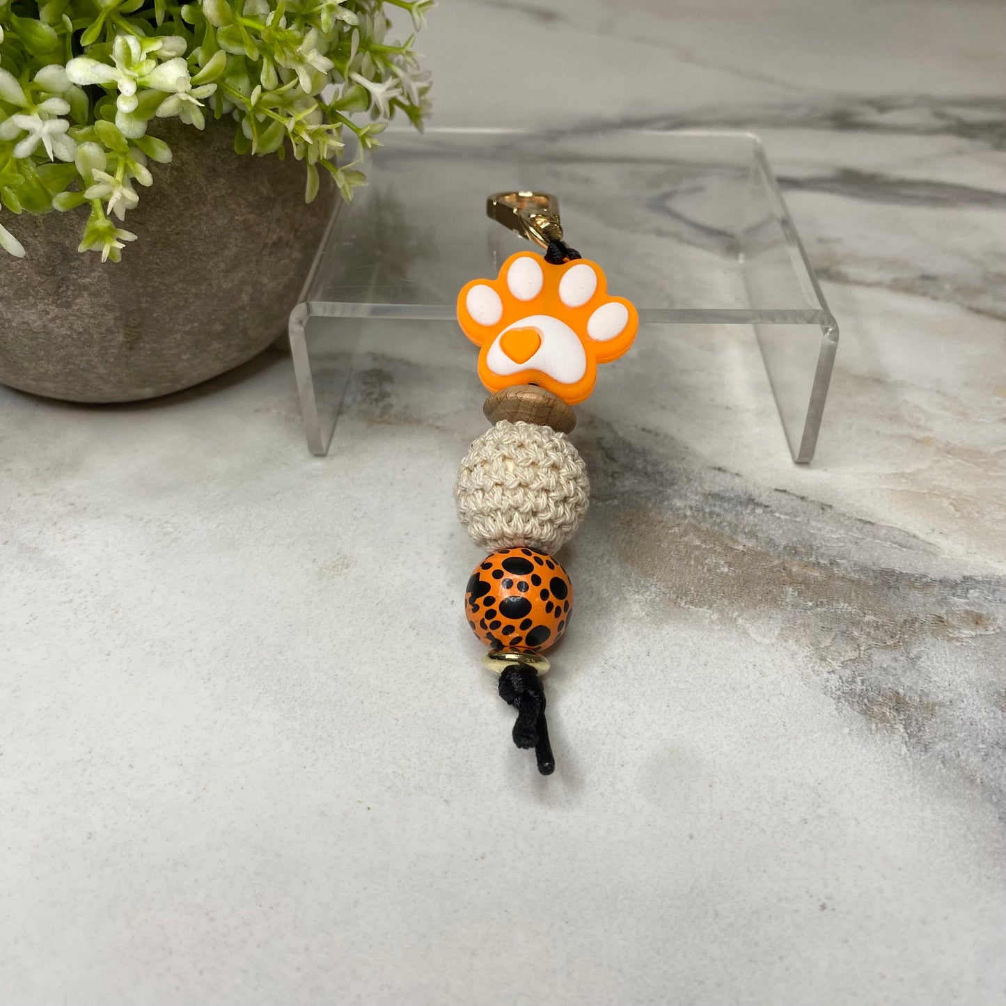 Keychain - Silicone & Wood Bead - Orange Paw