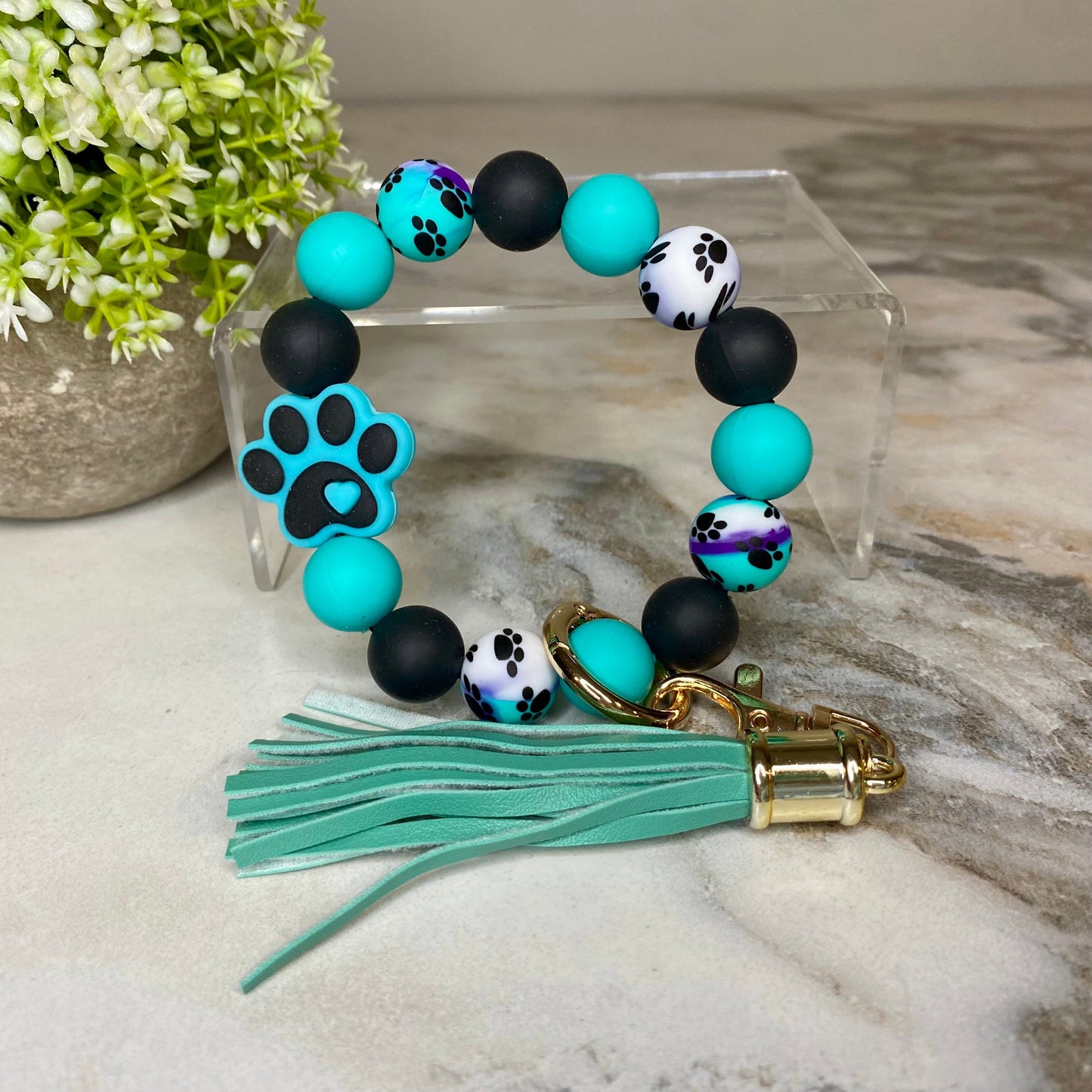 Silicone Bracelet Keychain - Paw Print Teal Swirl
