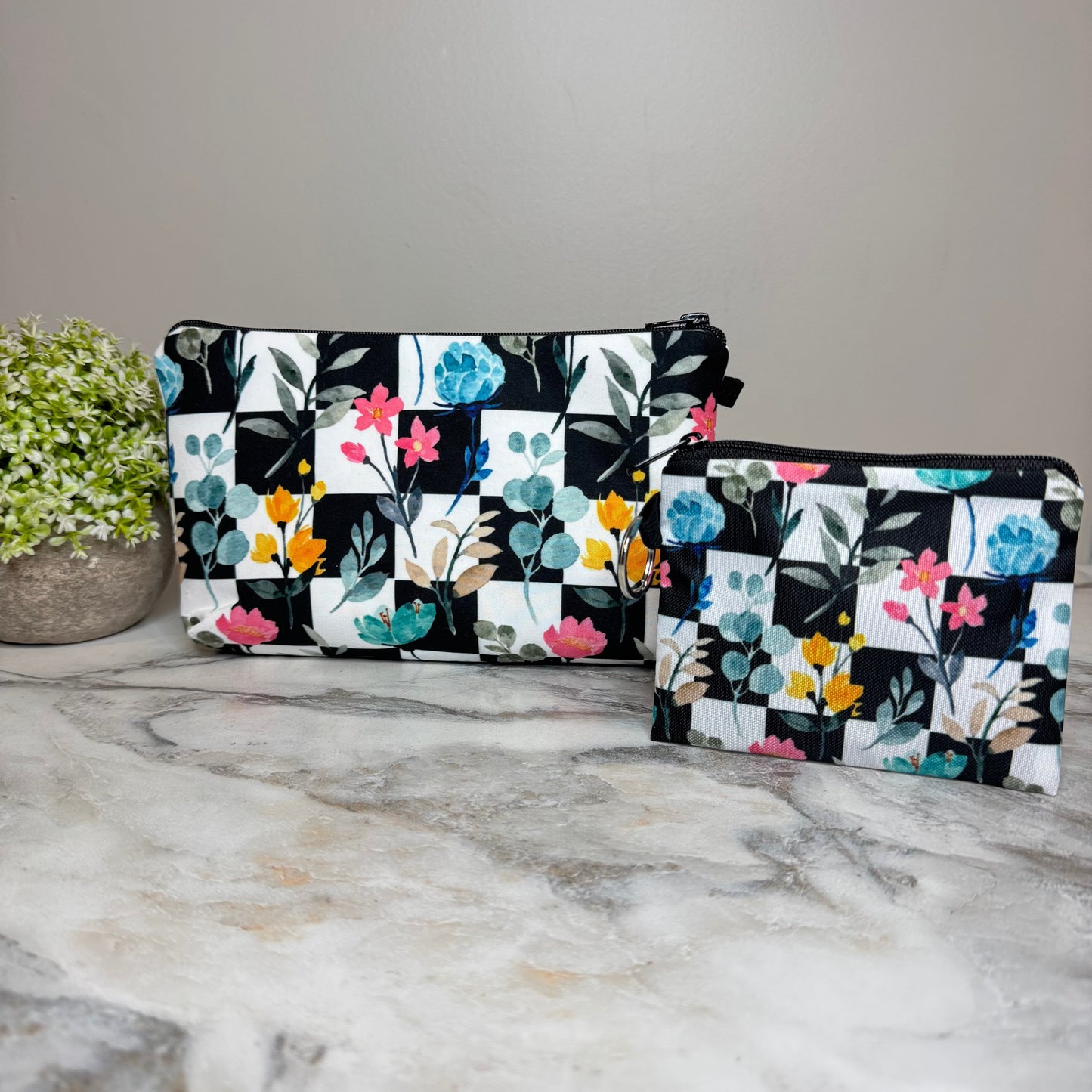 Mini Backpack, Pouch, & Mini Pouch Bundled Set - Floral Checker