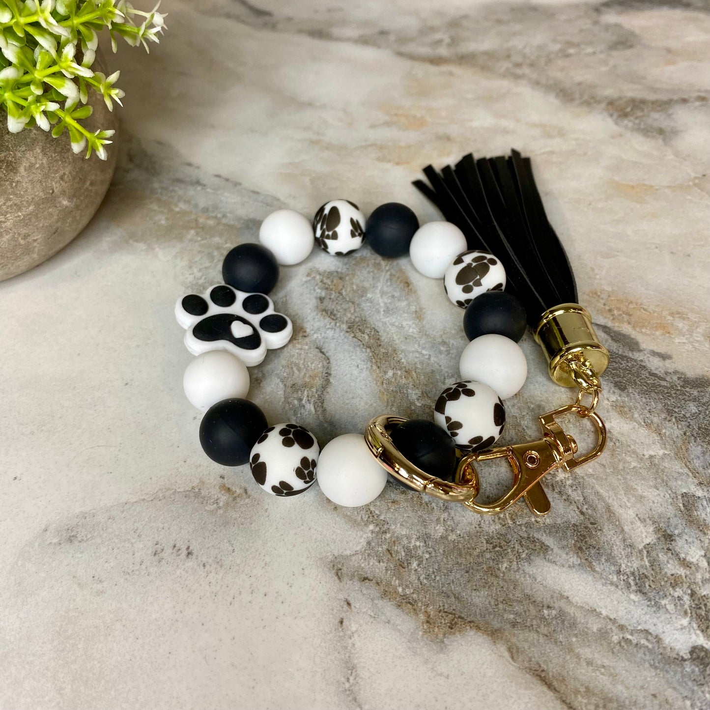 Silicone Bracelet Keychain - Paw Print Black