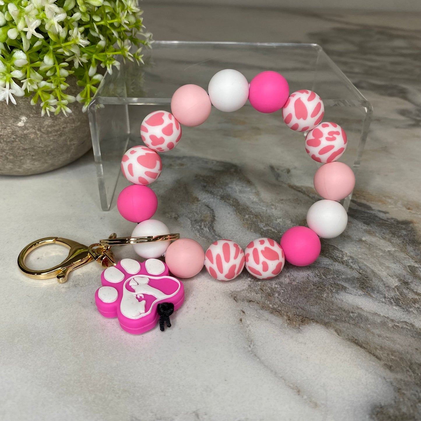 Silicone Bracelet Keychain - Pink & White Dog Paw