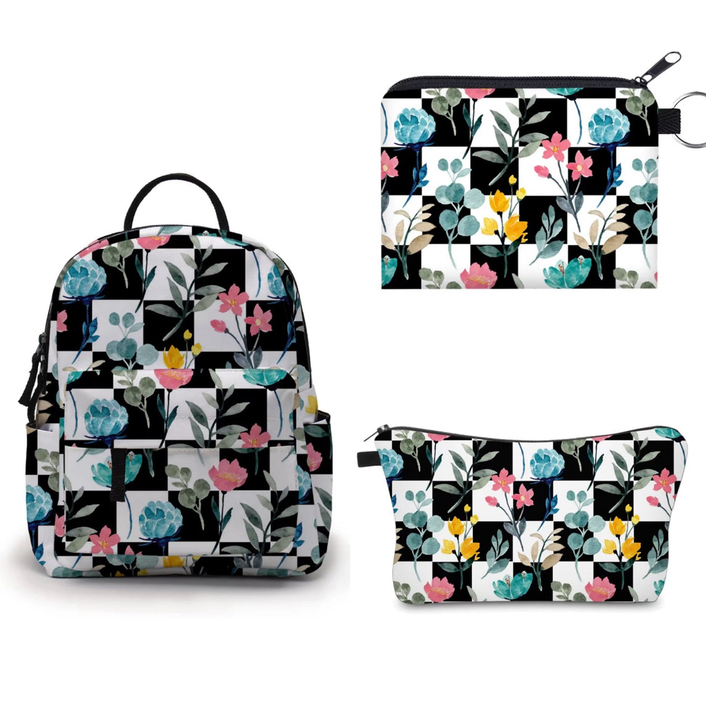 Mini Backpack, Pouch, & Mini Pouch Bundled Set - Floral Checker