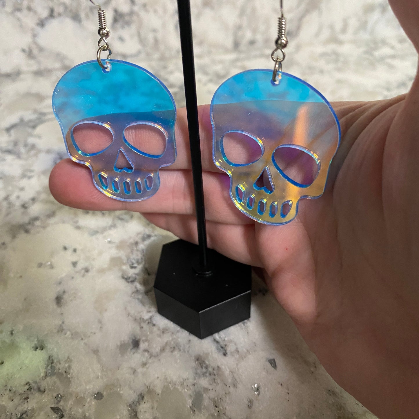 Acrylic Hook Dangle Earrings - Holographic Skull
