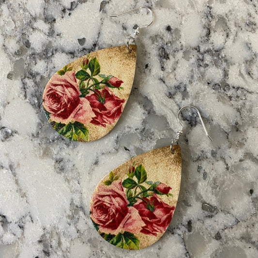 Faux Leather Earrings - Pink Roses on Beige Teardrop