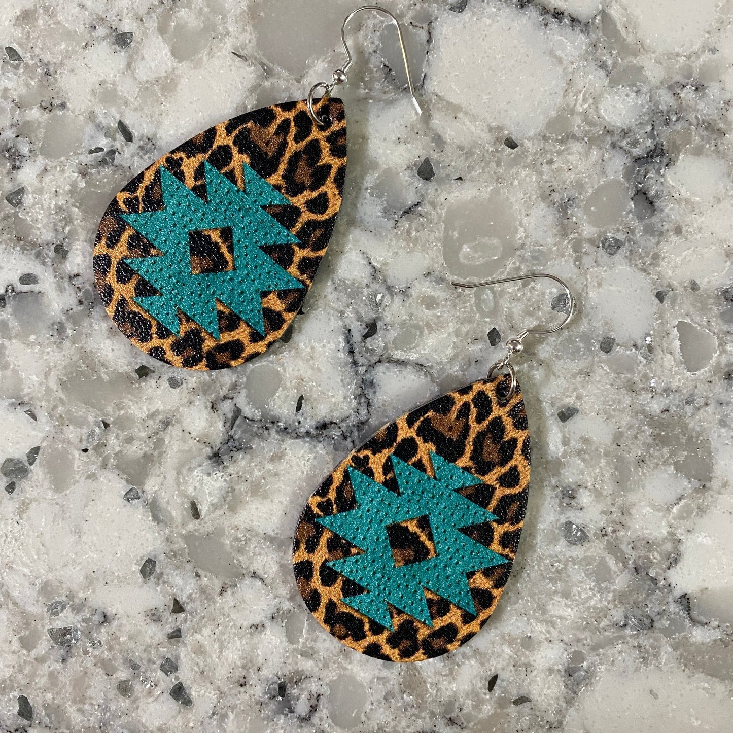 Faux Leather Earrings - Aztec & Leopard Teardrops