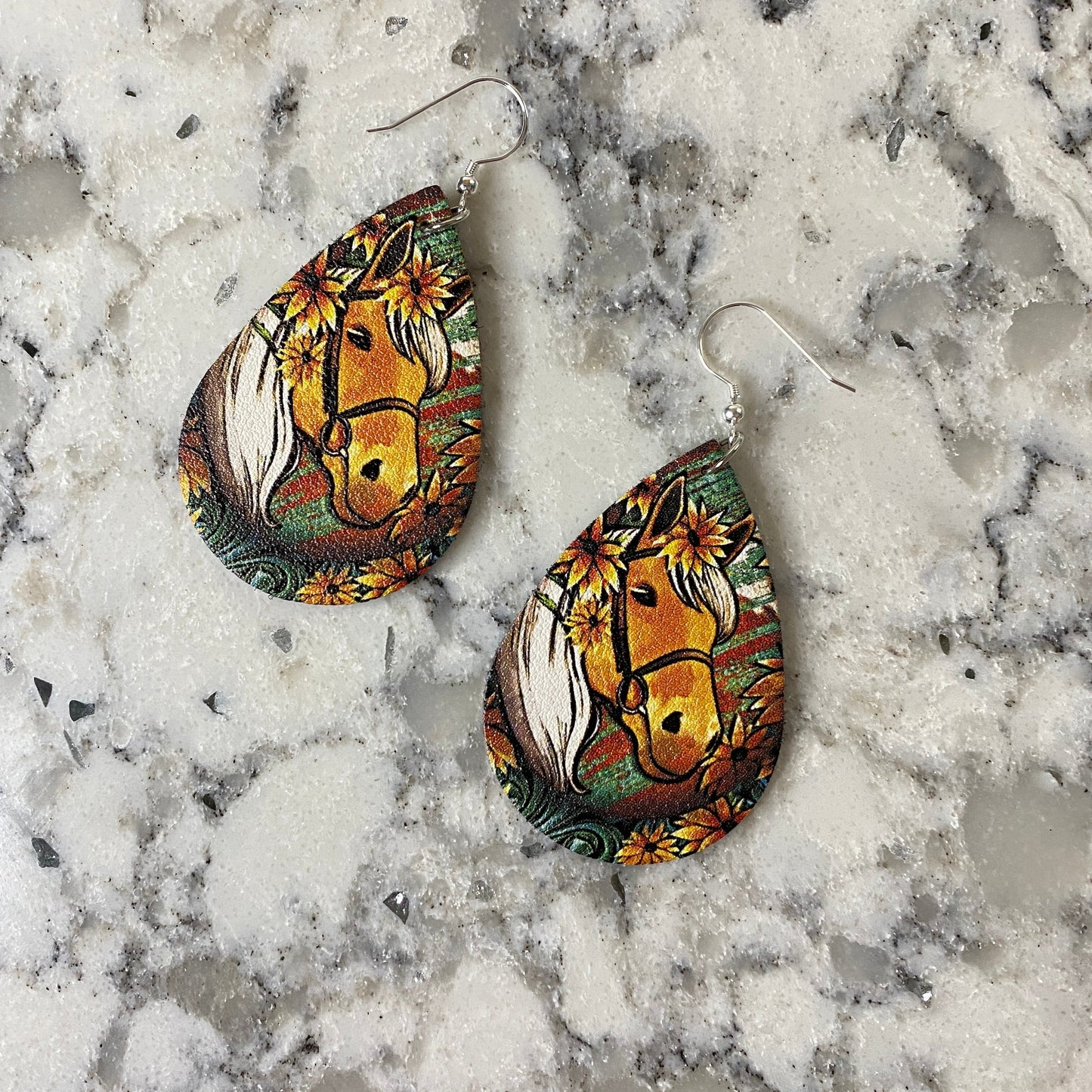 Faux Leather Earrings - Horse Teardrops