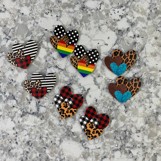 Faux Leather Earrings - Triple Heart Shape