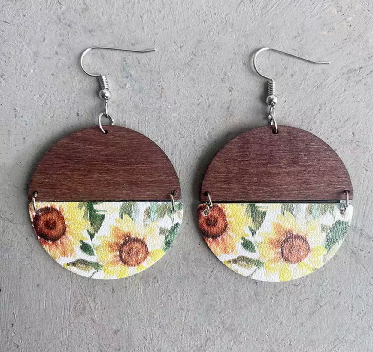 Faux Leather Earrings - Half Wood Sunflower