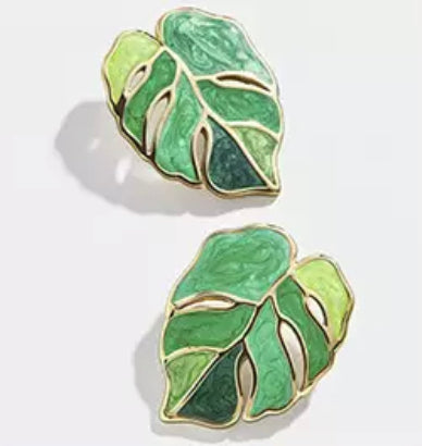 Metal Stud Earrings - Green Monstera
