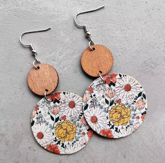 Wood & Cork Cutout Earrings - Daisy & Yellow Floral