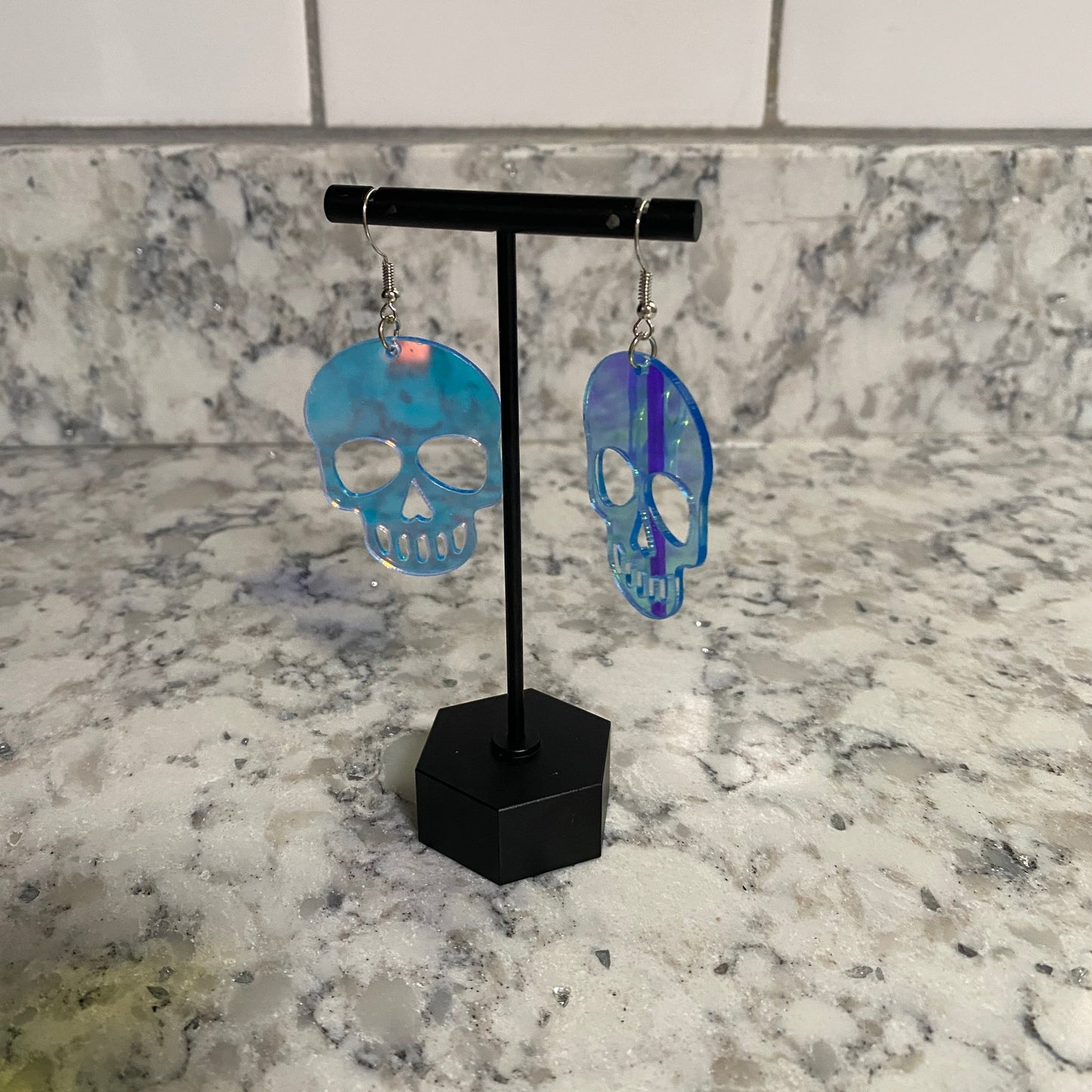 Acrylic Hook Dangle Earrings - Holographic Skull